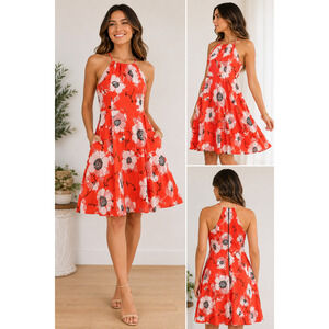 Adrianna Papell Floral Halter Fit Flare Dress Sz 8 Coral Cocktail Wedding Resort